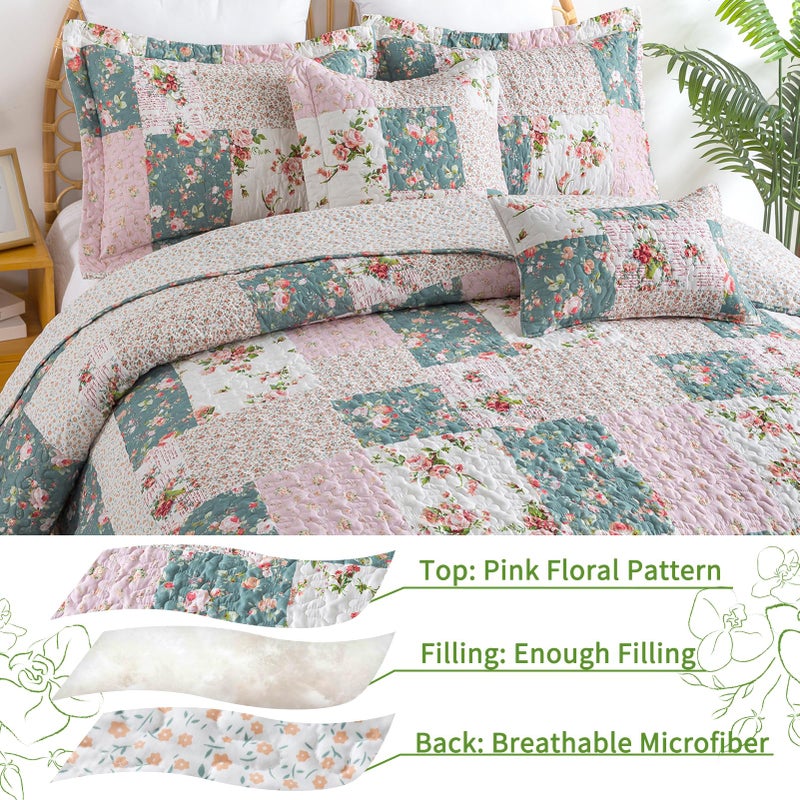 VAPUTAR Pink King Size Quilt Bedding Set - Gaeden Style King Size Bedspreads with Floral Pattern - Lightweight Farmhouse Cotton-Filled Quilts King Size for Bed Decorations  3 Pieces - Image 3